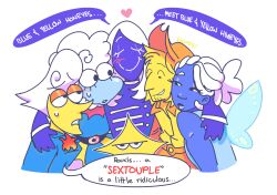  1girl 5boys almguav annoyed blonde_hair blue_(deltarune) blue_skin butterfly_wings colored_skin commentary couple cowboy cowboy_hat deltarune elnina_(deltarune) embarrassed english_commentary english_text happy hat heart highres hug insect_wings lanino_(deltarune) multiple_boys polyamory rouxls_kaard simple_background speech_bubble star_(symbol) sweat the_original_starwalker unamused utdr_(toby_fox) white_background white_hair wings yellow_(deltarune) yellow_skin 