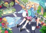  back-to-back back_to_back ball bird blonde_hair blue_eyes boots bow ei_(pakirapakira) hair_bow helmet jacket jin_young-in kagamine_len kagamine_rin legs map motor_vehicle motorcycle over-kneehighs puddle rainbow shorts siblings star thigh-highs thighhighs traffic_light traffic_lights twins vehicle vocaloid water 