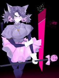  369samougu 3girls absurdres animal_ears bell black_eyes blue_pantyhose blush cat_ears cat_girl cat_tail closed_mouth colored_skin commentary deltarune english_commentary furry furry_female ghost_pink_(deltarune) gloves gold_bell grey_hair grey_shirt hair_bell hair_ornament heart heart_locket heart_necklace heart_pendant highres holding holding_staff jewelry mad_mew_mew multiple_girls necklace pantyhose pink_frills pink_skirt shirt skirt solo_focus staff susie_(dark_world)_(deltarune) susie_(deltarune) tail utdr_(toby_fox) white_gloves white_skin wide-eyed 