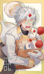  1boy apple artist_name bag blush clear_(dramatical_murder) dated dramatical_murder dress_shirt egg_carton food fruit hair_between_eyes happy_birthday highres ichi_yasushi male_focus open_mouth paper_bag polka_dot polka_dot_background shirt shopping_bag solo teeth white_hair white_shirt 