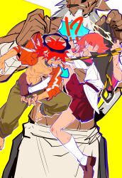  !? absurdres angry bai_chong_(false_memory) barefoot black_halo bletillashitan chinese_commentary commentary_request crux_star facial_hair false_memory fighting halo highres hui_huo_(false_memory) kneehighs mustache open_clothes pink_hair pleated_skirt red_hair red_shirt red_skirt shirt simple_background skirt socks thick_mustache topless_male white_hair white_halo yellow_background 
