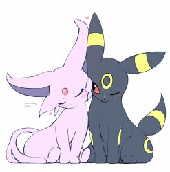  blush cheek-to-cheek commentary_request dot_nose espeon facial_mark forehead_jewel forehead_mark gem harutorii heads_together heart highres looking_at_another looking_to_the_side motion_lines no_humans one_eye_closed pokemon pokemon_(creature) pokemon_focus red_eyes red_gem sideways_glance simple_background sitting umbreon white_background 