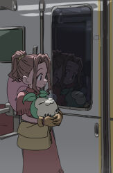  1girl bag brown_gloves brown_hair cowboy_fringe cowboy_hat digimon digimon_(creature) digimon_adventure dress gloves hat high_ponytail holding_digimon long_hair long_sidelocks looking_at_reflection messenger_bag nose_bubble ponytail red_dress reflection reflective_surface shoulder_bag sidelocks sleeping sprout_on_head tachikawa_mimi tanemon train_interior unworn_hat unworn_headwear window yoko.u 