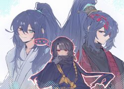  ... 1girl 2boys adjusting_scarf annoyed aqua_eyes bandage_over_one_eye black_eyes black_hair black_robe black_scarf chinese_clothes closed_mouth commentary dual_persona english_commentary halftone halftone_background hanfu heterochromia high_ponytail highres hong_lu_(hongyuan)_(project_moon) hong_lu_(project_moon) hongyuan_(identity)_(project_moon) light_blush limbus_company long_hair looking_at_viewer multiple_boys munh422 ponytail project_moon projected_inset red_bandage red_eyes robe ryoshu_(project_moon) scarf sidelocks smile spoken_ellipsis stole turtleneck upper_body very_long_hair white_background white_hanfu xiao_guan_(headdress) 