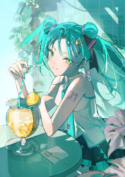  1girl absurdres aqua_eyes aqua_hair aqua_necktie bare_shoulders cocktail_glass commentary cup double_bun drinking_glass drinking_straw eliza_yye flower hair_bun hair_ornament hairclip hatsune_miku highres long_hair monstera_deliciosa necktie number_tattoo pleated_skirt shirt shoulder_tattoo sitting skirt sleeveless sleeveless_shirt smile solo spoon summer tattoo tile_wall tiles vocaloid white_shirt 