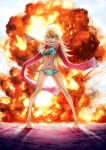  blonde_hair explosion front-tie_top henshin highres hoshii_miki idolmaster kamen_rider legs long_hair lowleg lowleg_bikini mound_of_venus navel panties parody piroishi pose red_scarf scarf side-tie_panties standing swimsuit underwear 