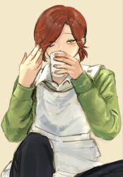 1boy adjusting_hair apron black_pants blush commentary_request cup disposable_cup drinking esse_series extra_eyes eyes_visible_through_hair green_eyes green_sweater highres mole mole_under_eye oshi_no_taisetsuna_hito_ni_narikawaru pants ponytail red_hair solo sweater tonimura_yui totsuzen_e white_apron 