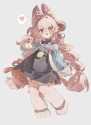  1girl absurdres animal_ear_fluff animal_ears animal_feet black_dress blunt_ends braid braided_twintails bright_pupils chinese_commentary commentary_request dress full_body furry furry_female grey_background hair_between_eyes hair_ornament hand_up heart highres long_hair long_sleeves looking_at_viewer mandarin_collar mengaijiang924 open_mouth pink_fur pink_hair rabbit_ears rabbit_girl red_eyes short_eyebrows simple_background solo speech_bubble sphere_hair_ornament spoken_heart standing teeth upper_teeth_only white_pupils zenless_zone_zero zhao_(zenless_zone_zero) 