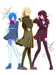  3girls amamiya_ren black_hair black_jacket black_pantyhose blue_eyes blue_hair blue_outline bow bowtie braid braided_ponytail commentary english_commentary expressionless full_body gekkoukan_high_school_uniform genderswap genderswap_(mtf) glasses grey_hair high-waist_skirt highres jacket long_hair looking_at_viewer miniskirt multiple_girls narukami_yu neckerchief outline pantyhose persona persona_3 persona_4 persona_5 plaid_clothes plaid_skirt red_bow red_bowtie red_outline renyarrh school_uniform short_hair shuujin_academy_school_uniform simple_background single_braid skirt smile sparkle thigh-highs white_background white_thighhighs yasogami_school_uniform yellow_neckerchief yellow_outline yuuki_makoto_(persona_3) 