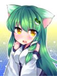  amo animal_ears cat_ears colored detached_sleeves frog green_hair hair_ornament kemonomimi_mode kochiya_sanae long_hair mikan_(ama_no_hakoniwa) solo touhou yellow_eyes 