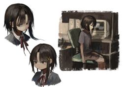  1girl absurdres asymmetrical_sidelocks blue_shirt brown_eyes brown_shorts chair closed_mouth collared_shirt commentary computer computer_keyboard cropped_torso desk eliot_(eokaitekaite969) from_side frown grey_jacket hair_ornament highres iwakura_lain jacket monitor multiple_views neck_ribbon ribbon serial_experiments_lain shirt short_hair shorts sidelocks sitting smile sweat t-shirt white_shirt window_(computing) x_hair_ornament 