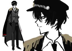  1boy absurdres aiguillette belt black_belt black_coat black_eyes black_gloves black_hair black_jacket black_pants black_shoes closed_mouth coat dress_shoes epaulettes expressionless gloves hair_over_one_eye hat highres hongru898 jacket limbus_company military_hat military_uniform multiple_views pants project_moon shoes simple_background white_background yi_sang_(project_moon) 