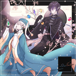  2boys belt black_gloves blue_hat cherish-228 copyright_name earrings gloves hair_between_eyes hat holding_potion jewelry long_sleeves male_focus multiple_boys olivio_(mountain_of_heaven) pale_skin pixiv_fantasia pixiv_fantasia_mountain_of_heaven potion robe ruiche_(mountain_of_heaven) solo sun_hat unworn_hat unworn_headwear white_hair 