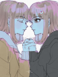  2girls absurdres black_jacket brown_hair brown_jacket closed_eyes closed_mouth commentary_request danganronpa_(series) danganronpa_2:_goodbye_despair danganronpa_3_(anime) dual_persona facing_another hair_ornament hands_up highres holding_hands hope's_peak_academy_school_uniform jacket long_sleeves looking_at_another medium_hair multiple_girls nanami_chiaki nelt school_uniform 