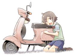  1girl black_socks blue_shirt blue_skirt bow bowtie brown_eyes brown_hair brown_shoes commentary_request grass green_sweater_vest hair_ornament hairclip helmet kickstand kneeling loafers looking_at_viewer momose_riko motor_vehicle on_ground open_mouth prototype_design red_bow red_bowtie scooter sekihan shirt shoes short_hair short_sleeves simple_background skirt smile socks solo spare_tire sweater_vest teeth unused_tire upper_teeth_only vespa white_background zesshaka!_shiritsu_yotsuwa_joshi_gakuin_zetsumetsu_kigu-sha_gakka 