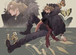  1boy arm_out_of_sleeve between_legs black_boots black_horns black_jacket black_pants black_shirt blonde_hair boots bracelet brown_eyes butterfly_background call_of_cthulhu closed_mouth commentary_request copyright_name curtained_hair earrings expressionless floral_background from_side full_body fur-trimmed_jacket fur_trim green_background hair_between_eyes half_updo hand_between_own_legs horns jacket jewelry knee_up lace-up_boots long_sleeves looking_ahead male_focus medium_hair my_dear_"h" outstretched_leg pants pants_tucked_in profile red_sash sash sheep_horns shirt shoe_soles short_sleeves sitting solo stud_earrings tan tansoku_trpg turtleneck turtleneck_shirt two-tone_background waist_sash wrist_wrap yellow_background zipper zipper_pull_tab zoom_layer 