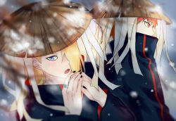  2boys a578699321 akatsuki_uniform asymmetrical_bangs black_eyeliner black_nails blonde_hair blush cold deidara_(naruto) eyeliner hat highres jewelry long_hair looking_at_viewer looking_to_the_side makeup male_focus multiple_boys naruto_(series) naruto_shippuuden red_eyes red_hair ring robe sasori_(naruto) short_hair snow snowflakes straw_hat winter 