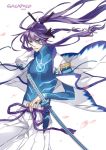  hair_ribbon headphones japanese_clothes kamui_gakupo katana long_hair male ponytail psd purple_hair ribbon samurai sode sword vocaloid weapon 