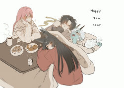  1boy 3girls absurdres animal_ears asaba_harumasa black_hair blue_oni blue_skin cat closed_eyes coffee coffee_mug colored_skin commentary cup doughnut drooling english_text food fox_ears fox_girl fruit glasses hair_between_eyes happy_new_year hhhye_tw highres horns hoshimi_miyabi kotatsu long_hair mandarin_orange mug multiple_girls oni open_mouth pillow pink_eyes pink_hair saliva short_hair simple_background smile soukaku_(zenless_zone_zero) sweater table tsukishiro_yanagi untranslatable_commentary white_background white_cat white_hair zenless_zone_zero 