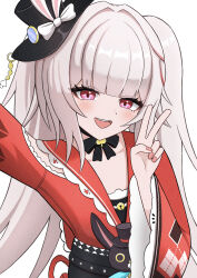  1girl absurdres black_choker blush butterfly-shaped_pupils choker clothing_cutout commentary_request facial_mark hat hat_ornament highres honkai:_star_rail honkai_(series) looking_at_viewer mini_hat mini_top_hat multicolored_hair rabbit_ear_headwear rabbit_hat_ornament red_streaks ribbon_choker shoulder_cutout smile sparkle_(honkai:_star_rail) sparxie_(honkai:_star_rail) streaked_hair symbol-shaped_pupils take_(take96254) top_hat 