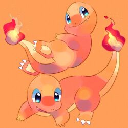  blue_eyes charmander colored_skin commentary_request fang fire flame-tipped_tail no_humans one-hour_drawing_challenge orange_background orange_skin orange_theme pokemon pokemon_(creature) satan_(zoroa553) smile tail 