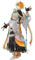  1boy absurdres alternate_costume anklet aqua_ribbon aqua_scarf arm_cutout belt black_belt black_gloves black_hakama black_shirt bracelet clothing_cutout colored_tips compression_shirt creature creature_on_shoulder crossed_bangs flower_knot full_body gloves gradient_hair green_hair grey_shoes hair_between_eyes hair_ornament hakama highres japanese_clothes jewelry kimono kirin-chan_(usami_rito) lightning_bolt_hair_ornament lightning_bolt_symbol long_sleeves looking_at_viewer looking_back male_focus multicolored_hair multicolored_shoes multiple_belts multiple_bracelets nijisanji on_shoulder open_clothes open_kimono orange_eyes orange_hair orange_scarf orange_shoes profile ribbon rope scarf shimenawa shirt shoes short_hair sideways_glance simple_background smile solo standing tassel turtleneck turtleneck_shirt two-tone_scarf two-tone_shoes unagipai uroko_(pattern) usami_rito virtual_youtuber w waving white_background white_belt white_kimono wide_sleeves 