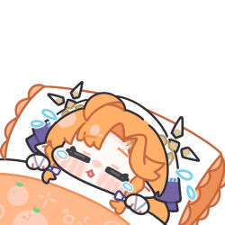  1girl ahoge braid chibi chibi_only closed_eyes commentary_request halo highres open_mouth orange_hair parted_bangs pillow pointy_ears purple_ribbon ribbon sigrika_(wuthering_waves) sleeping solo syurikenmaru tearing_up under_covers wuthering_waves 