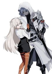  ahoge azrael_(fate) azrael_(first_ascension)_(fate) azrael_(sword)_(fate) belt black_skirt blue_hair braid breasts chaldea_logo ciakomop1 clipboard colored_skin cross_tie earrings fate/grand_order fate_(series) fingerless_gloves gloves grey_skin hair_ribbon hand_on_sheath highres holding holding_clipboard hood hooded_jacket jacket jewelry large_breasts long_hair olga_marie_animusphere olga_marie_animusphere_(unbeast) open_mouth orange_thighhighs red_cross_tie ribbon shirt skirt sweat thigh-highs very_long_hair white_hair white_hood white_shirt 