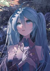  1girl ahoge aqua_eyes aqua_hair aqua_necktie black_sleeves blossom0816 chinese_commentary commentary_request detached_sleeves flower grey_shirt hatsune_miku highres long_hair necktie shirt sleeveless sleeveless_shirt solo twintails vocaloid 
