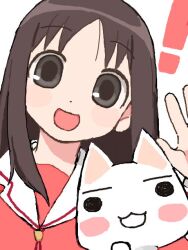  ! 1girl :d azumanga_daioh black_eyes brown_hair cat commentary doko_demo_issyo inoue_toro kasuga_ayumu long_hair looking_at_viewer marumaru_oxox oekaki open_mouth pink_shirt school_uniform serafuku shirt simple_background smile solo untranslatable_commentary white_background winter_uniform 