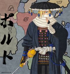  1boy armor artbyolvr black_coat black_gloves black_hat blonde_hair blue_eyes boruto:_two_blue_vortex boruto_(series) coat commentary cowboy_shot english_commentary fingerless_gloves gloves gourd hair_over_one_eye hat highres holding holding_sword holding_weapon iwagakure_symbol japanese_armor kirigakure_symbol konohagakure_symbol kumogakure_symbol male_focus map naruto_(series) scarf scarf_over_mouth sheath single_arm_guard solo sunagakure_symbol sword tassel twitter_username uzumaki_boruto weapon white_scarf wide_sleeves 