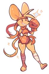  1girl :3 animal_ears animal_feet bandaged_leg bandages bandana black_eyes blush_stickers bouncymouse boxing_gloves breasts clenched_hand commentary deltarune furry furry_female highres medium_breasts mouse_ears mouse_girl mouse_tail one_eye_closed orange_(deltarune) orange_bandana orange_fur orange_hair orange_sash orange_scarf orange_shorts orange_tank_top partial_humanization scarf shorts smile snout solid_oval_eyes solo sparkle stomach tail tank_top teeth thick_thighs thighs utdr_(toby_fox) whiskers white_background wide_hips 