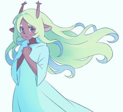  1girl animal_ears antlers blonde_hair brown_eyes deer_antlers deer_ears deer_girl deltarune floating_hair furry furry_female hands_on_own_chest helllmari horns long_hair noelle_holiday noelle_holiday_(dark_world) open_mouth robe simple_background solo utdr_(toby_fox) very_long_hair white_background white_robe 