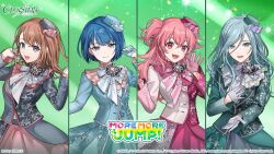  4girls aqua_gem aqua_hair artist_name black_hat black_jacket black_skirt blue_eyes blue_gem blue_gloves blue_hair blue_hat blue_jacket blue_skirt blunt_bangs bob_cut bow bowtie braid braided_bangs breasts brown_hair buttons clenched_hand clenched_hands closed_mouth column_lineup commentary_request company_name copyright_notice cropped_jacket cross-laced_jacket dot_nose english_text fang frilled_hat frills gem gloves green_background green_gem green_hat green_jacket green_skirt grey_bow grey_bowtie grey_eyes grey_gloves grey_skirt grey_trim group_name guest_art half_gloves hanasato_minori hand_on_own_chest hand_up hands_up hat hinomori_shizuku inverted_bob jacket kiritani_haruka koujisako lens_flare light_blush lineup long_hair long_sleeves looking_at_viewer medium_breasts medium_hair mini_hat mole mole_under_mouth momoi_airi more_more_jump!_(project_sekai) multicolored_jacket multiple_girls official_alternate_costume official_art open_mouth orange_gem pearl pink_bow pink_bowtie pink_gloves pink_hair pink_hat pink_jacket pink_shirt pink_skirt pink_trim project_sekai purple_gem red_eyes red_gem red_skirt red_trim second-party_source shirt short_hair skirt small_breasts smile swept_bangs tareme tongue tsurime two-tone_jacket two-tone_skirt two_side_up upper_body wavy_hair white_bow white_bowtie white_gloves white_jacket white_shirt white_trim 