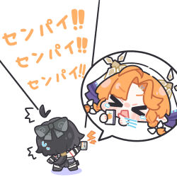  >_< 2girls ^^^ ahoge black_bow black_hair bow braid cellphone chibi chibi_only commentary_request elbow_pads expressive_hair female_rover_(wuthering_waves) hair_bow hat highres holding holding_phone long_hair low_ponytail motion_lines multiple_girls open_mouth orange_hair parted_bangs phone ponytail rover_(wuthering_waves) shouting sigrika_(wuthering_waves) smartphone spoken_character standing sweatdrop syurikenmaru tearing_up translation_request twin_braids v-shaped_eyebrows white_bow white_hat wuthering_waves 