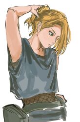  1017gomo9 1boy asymmetrical_bangs black_eyeliner blonde_hair blue_eyes commentary crop_top deidara_(naruto) eyeliner fanny_pack fishnets grey_shirt hand_in_own_hair highres looking_to_the_side makeup male_focus naruto_(series) naruto_shippuuden parted_lips shirt short_hair simple_background sketch sweatdrop white_background 