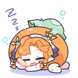  1girl barefoot braid cheek_press chibi chibi_only closed_eyes commentary_request drooling food fruit highres mandarin_orange open_mouth orange_(fruit) orange_hair parted_bangs pointy_ears short_hair sigrika_(wuthering_waves) simple_background sleeping solo squeans syurikenmaru white_background wuthering_waves zzz 