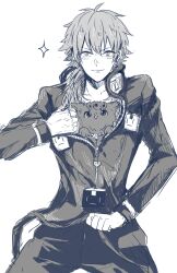  1boy animal cleavage_cutout closed_mouth clothing_cutout commentary_request cosplay dog dramatical_murder giorno_giovanna giorno_giovanna's_pose giorno_giovanna_(cosplay) greyscale heart_cutout jacket jojo_pose long_hair looking_at_viewer male_focus monochrome pants ren_(dramatical_murder) seragaki_aoba simple_background solo sparkle standing straight-on surinrei white_background 