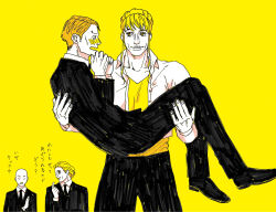  1girl 3boys age_difference bald belerainte_(hunter_x_hunter) biscuit_krueger blonde_hair blush brown_hair commentary_request eye_contact flustered hanzo_(hunter_x_hunter) height_difference hunter_x_hunter looking_at_another multiple_boys muscular muscular_female ozomashio reverse_princess_carry simple_background size_difference smile smug suit tall_female taller_female_shorter_male updo vergei_(hunter_x_hunter) yellow_background 