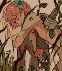  2girls absurdres android black_jacket blue_flower cable closed_eyes commentary crying cytus cytus_ii damaged english_commentary exposed_internal_machinery flower hair_flower hair_ornament highres hug indrawneel ivy_(cytus) jacket medium_hair multiple_girls pink_hair plant short_hair skin_seams tears vanessa_(cytus) white_hair 
