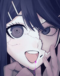  1girl blood blue_eyes blue_hair colored_blood commentary_request cracked_kawaii_mask cracked_mask danganronpa:_trigger_happy_havoc danganronpa_(series) hair_ornament hairclip hands_up highres long_hair looking_at_viewer maizono_sayaka nelt open_mouth pink_blood portrait smile solo teeth 