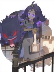  1girl :3 acerola_(pokemon) armlet book book_stack bookshelf closed_mouth commentary dress full_body gengar glowing glowing_eyes hair_ornament hairclip highres holding holding_book holding_pokemon intangible jewelry looking_at_viewer mimikyu palossand pokemon pokemon_(creature) pokemon_sun_and_moon purple_dress purple_hair short_hair short_sleeves standing tongue tongue_out ve_0ekaki violet_eyes 