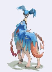  bird blue_fur blue_wings dog highres looking_down looking_up no_humans on_head pokemon pokemon_(creature) pokemon_focus pokemon_on_head red_eyes rookidee sake_maguro standing tail white_background wings yellow_eyes zacian 