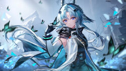  1girl absurdres animal_ears arcane_(arknights) arknights arknights:_endfield bird_ears bird_girl black_cape black_gloves blue_cape blue_eyes blue_hair bug butterfly butterfly_on_hand cape closed_mouth commentary_request elbow_gloves facial_mark forehead_mark gloves grey_hair hakuto_kinkinko head_wings highres long_hair multicolored_gloves multicolored_hair solo two-sided_cape two-sided_fabric two-tone_cape two-tone_gloves white_gloves wings 
