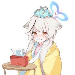  1girl animal_ears black_hair blanket blue_archive blue_halo blush bmanju commentary gradient_hair grey_hair halo highres ice_pack kokona_(blue_archive) long_hair looking_at_viewer multicolored_hair open_mouth orange_eyes pink_shirt runny_nose shirt sick simple_background snot solo streaked_hair tearing_up tissue tissue_box white_background 