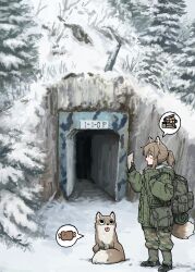  1girl absurdres animal_ears backpack bag bedroll black_boots black_gloves blush boots brown_eyes brown_hair bunker camouflage camouflage_pants coat day fox fox_ears fox_girl fox_girl_(yihan_world) fox_tail from_side full_body gloves green_coat hair_between_eyes hand_up highres holding holding_paper hood hood_down hooded_jacket jacket long_hair open_mouth original outdoors pants paper pine_tree ponytail profile satchel shoulder_bag snow solo speech_bubble standing tail tree winter_clothes winter_coat woodland_camouflage yihan_world 