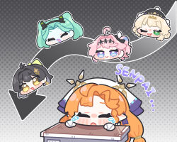  5girls ahoge arrow_(symbol) beret black_hair black_hairband black_hat blonde_hair blue_eyes blush blush_stickers bow chibi chibi_only closed_eyes commentary_request crying cyberpunk:_edgerunners cyberpunk_(series) denia_(wuthering_waves) desk english_text female_rover_(wuthering_waves) green_eyes green_hair grin hair_bow hair_ornament hairband hat highres long_hair multiple_girls nivora_(wuthering_waves) one_eye_closed open_mouth orange_hair parted_bangs pink_hair polka_dot polka_dot_background rebecca_(cyberpunk) rover_(wuthering_waves) sad school_desk sigrika_(wuthering_waves) smile syurikenmaru tears twintails wuthering_waves yellow_eyes 