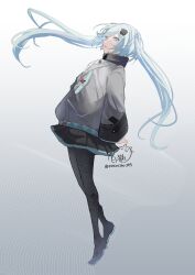 1girl aqua_eyes aqua_hair bandaid bandaid_on_leg batsu_miku black_boots black_pantyhose boots commentary_request floating floating_hair full_body grey_jacket hair_between_eyes hair_ornament hatsune_miku highres jacket kowareta_sekai_to_utaenai_miku long_hair long_sleeves looking_at_viewer looking_back necosiro299 official_alternate_costume official_alternate_hairstyle pantyhose parted_lips project_sekai sleeves_past_wrists solo turtleneck turtleneck_jacket twintails very_long_hair vocaloid wide_sleeves x_hair_ornament 