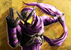  1boy armor black_bodysuit black_gloves bodysuit breastplate commentary_request gloves glowing glowing_eyes helmet kamen_rider kamen_rider_shinobi kamen_rider_zi-o_(series) kuji-in mayamaxxxx ninja purple_armor purple_helmet purple_scarf scarf shuriken solo tokusatsu twitter_username weapon yellow_eyes 