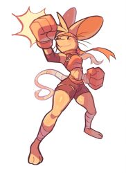  1girl :3 animal_ears animal_feet bandaged_leg bandages bandana black_eyes blush_stickers bouncymouse boxing_gloves breasts clenched_hand commentary deltarune furry furry_female highres looking_at_hand medium_breasts mouse_ears mouse_girl mouse_tail orange_(deltarune) orange_bandana orange_fur orange_hair orange_sash orange_scarf orange_shorts orange_tank_top partial_humanization scarf shorts snout solid_oval_eyes solo stomach tail tank_top thick_thighs thighs utdr_(toby_fox) whiskers white_background wide_hips 